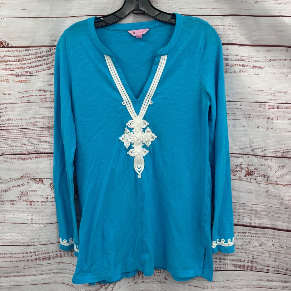 Lilly Pulitzer Shirt Womens Medium V Neck Embellished Long Sleeve Tunic‎ Top